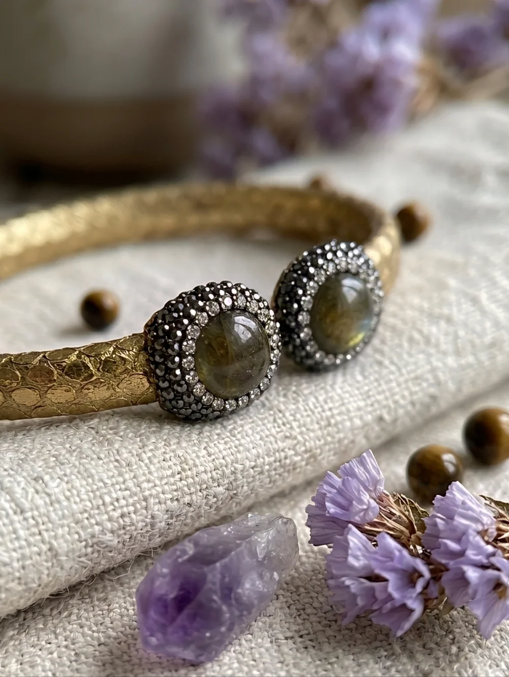 Golden Python Leather Labradorite Open Cuff Bracelet Artisan Statement Jewelry